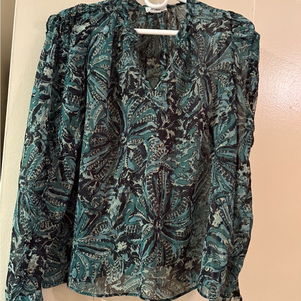 Chic Teal and Black Patterned Blouse
